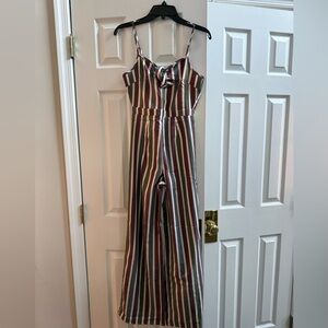 Romeo & Juliet Couture Burgundy and Olive Striped Jumpsuit